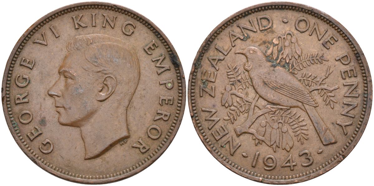 Новая Зеландия 1 пенни 1943 Георг VI (1936-1952), новозеландский туи KM 13 бронза 4368-222