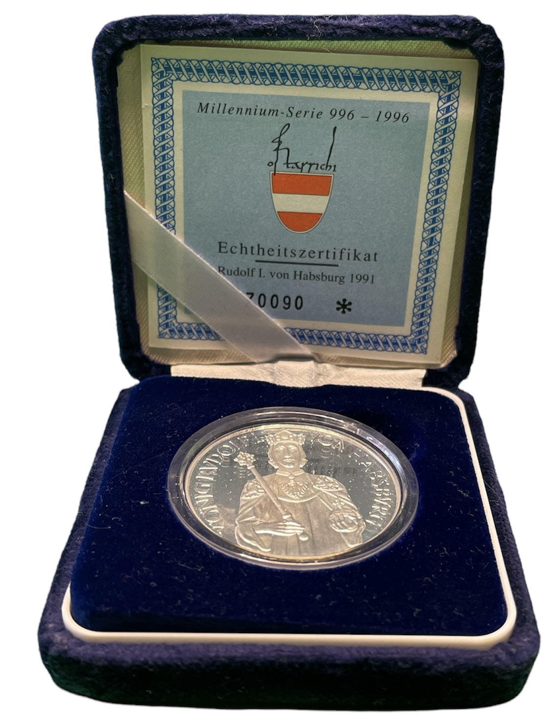 Австрия 100 шиллингов 1991 Рудольф I, в коробке, с сертификатом подлинности KM 3001 серебро PROOF 3-4-4-01