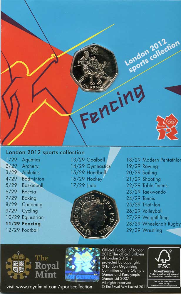 Великобритания 50 пенсов 2011 XXX летние Олимпийские игры в Лондоне в 2012 году, фехтование, в оригинальном картонном буклете, с Олимпийской голограммой (11/29) KM 1191 медно-никель  UNC  3-6-6-23