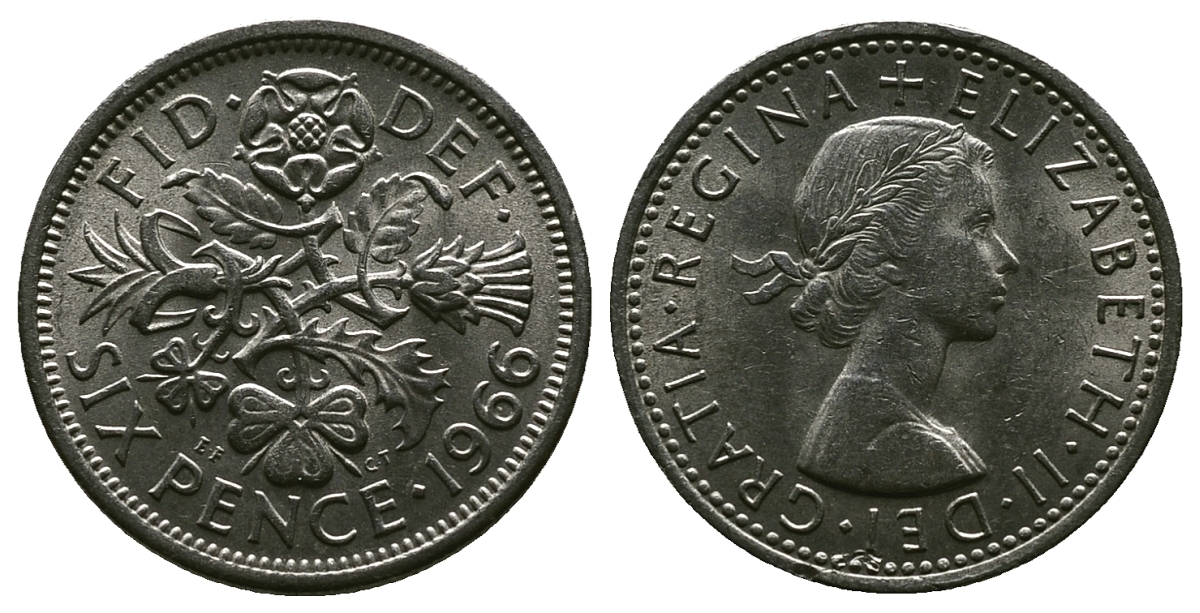 Великобритания 6 пенсов 1966 Елизавета II (1952-2022) KM 903, Spink 4149 медно-никель 4381-845