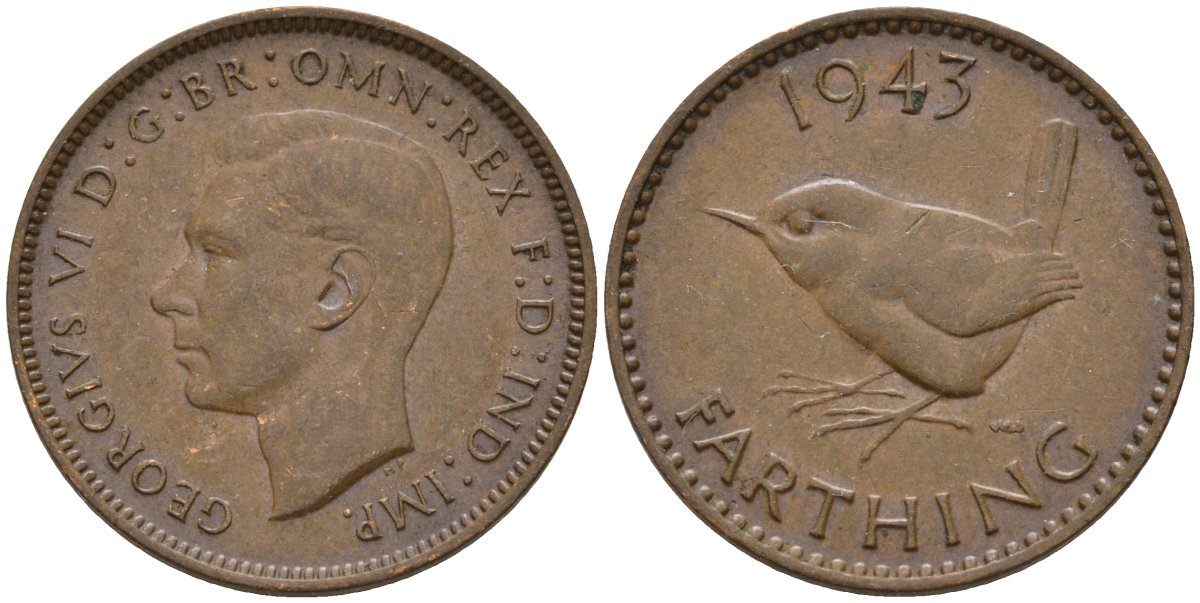 Великобритания 1 фартинг 1943 Георг VI (1936-1952) KM 843, Spink 4116 бронза 4596-964