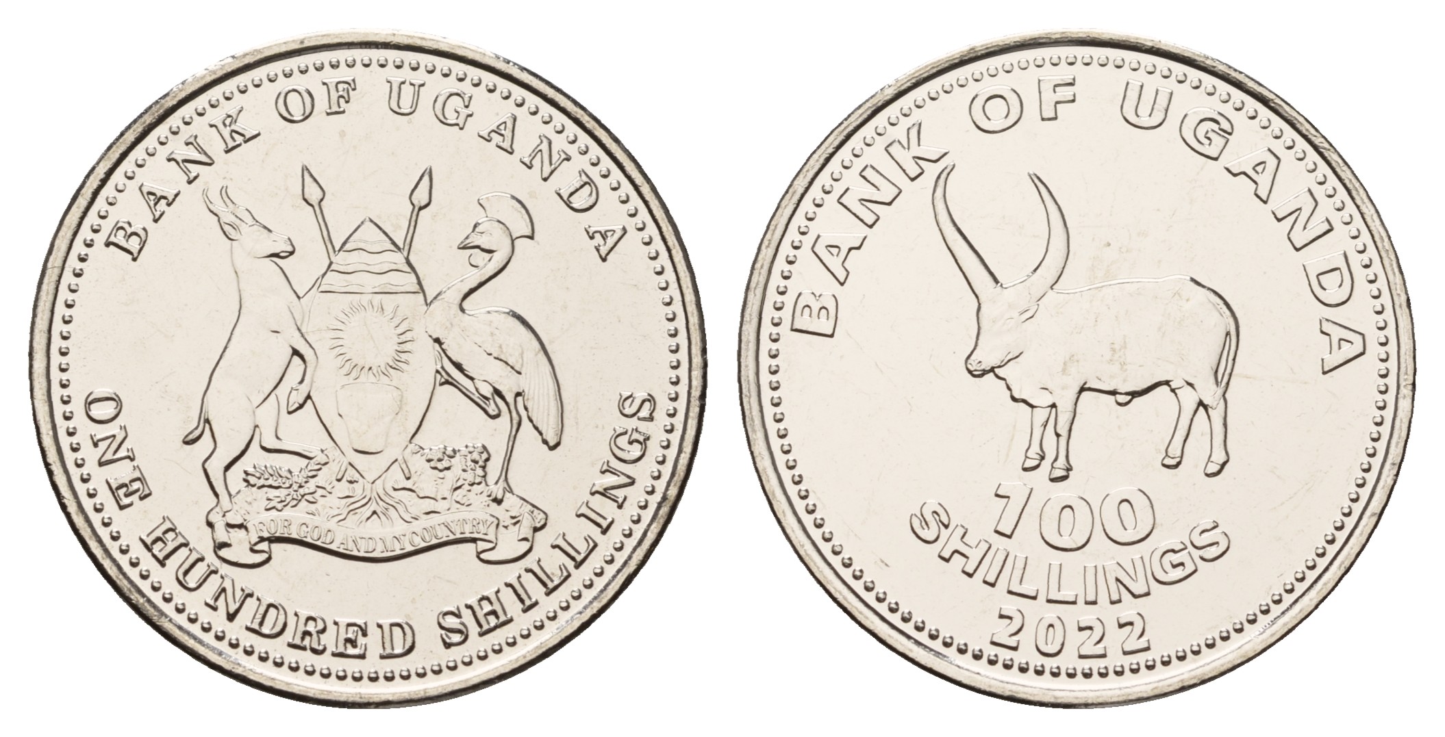 Уганда 100 шиллингов 2022 африканский бык KM 67 a сталь плакированная никелем  UNC  M23-04