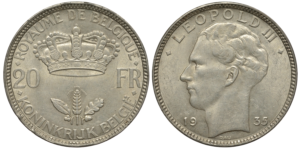 Бельгия 20 франков 1935 Леопольд III (1934-1950), BELGIЕ KM 105 серебро 114-843