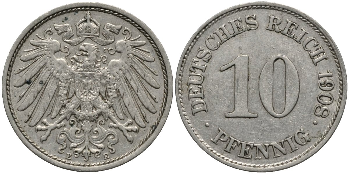 Германия 10 пфеннигов 1908 E KM 12 медно-никель 4171-245