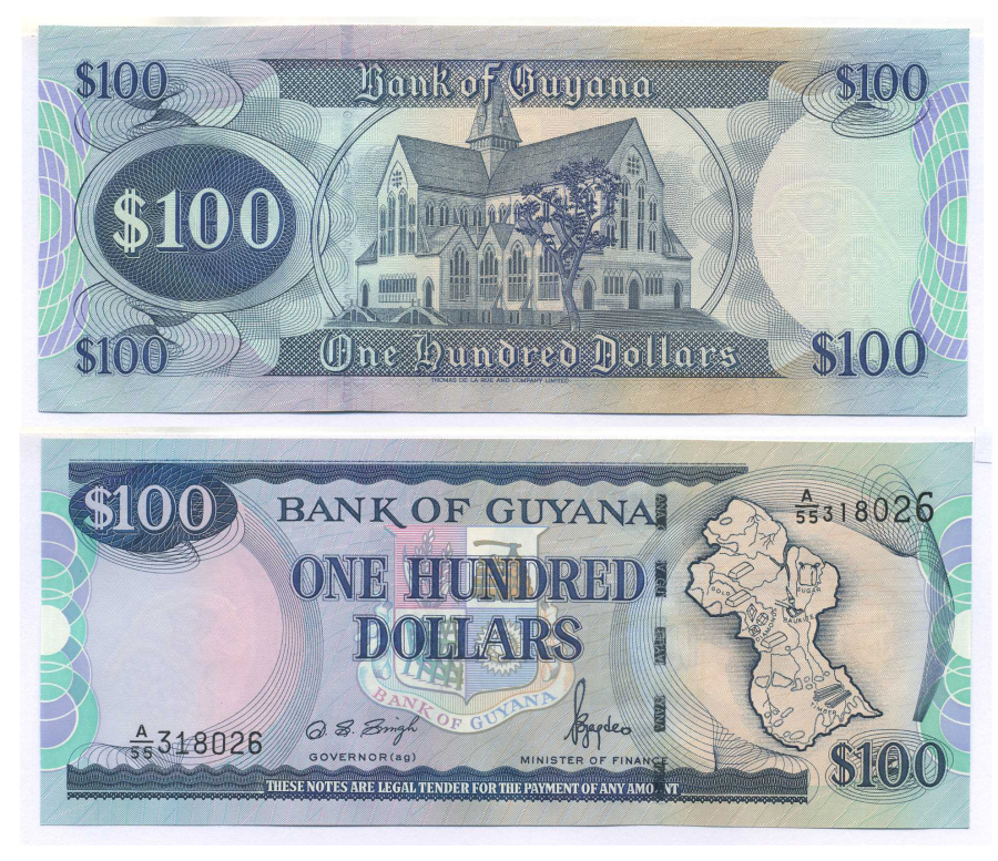 Гайана 100 долларов ND (1999-2005) карта Гайаны, собор Святого Георгия Pick 31 (2) бумага UNC (пресс) 8588-88-1-2