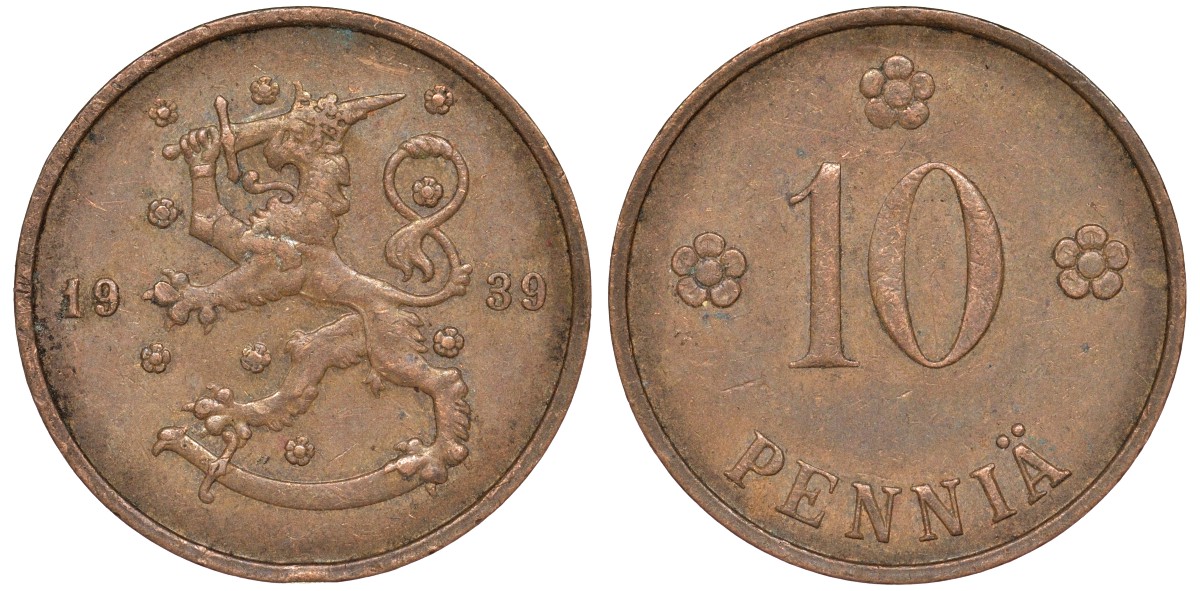 Финляндия 10 пенни 1939 KM 24 медь 51-3052