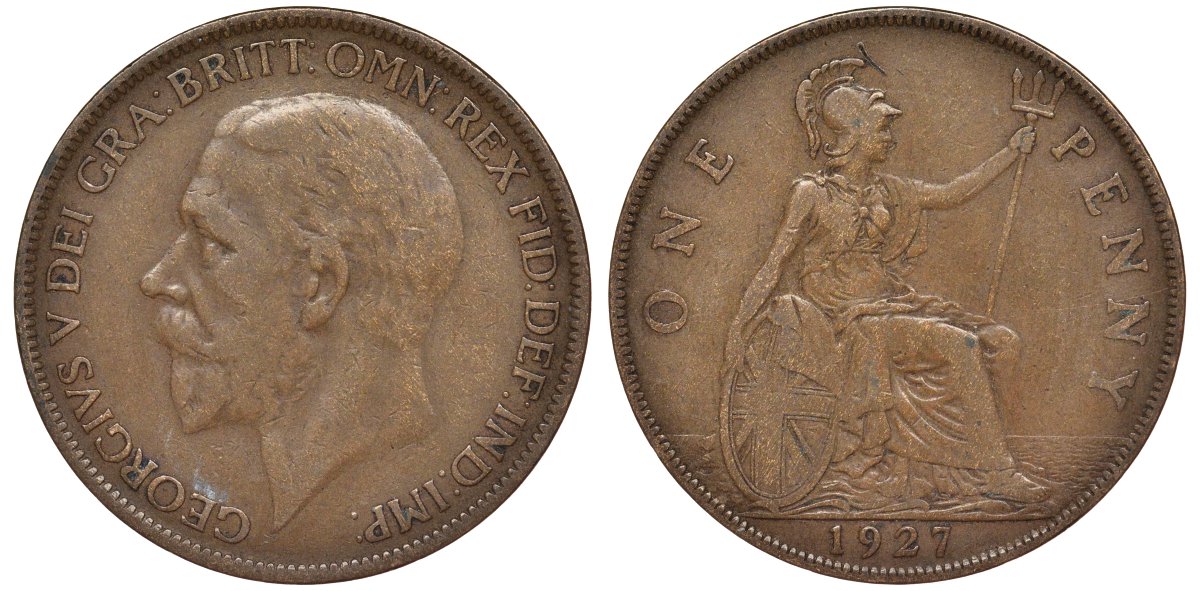 Великобритания 1 пенни 1927 Георг V (1910-1936) KM 826, Spink 4054 бронза 4123-1021