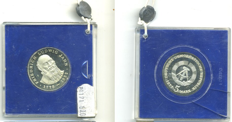 ГДР 5 марок 1977 125 лет со дня смерти Фридриха Людвига Яна, тираж 10000 экз., в оригинальной упаковке, пломба KM 64 медно-никель PROOF 06-128-21-2