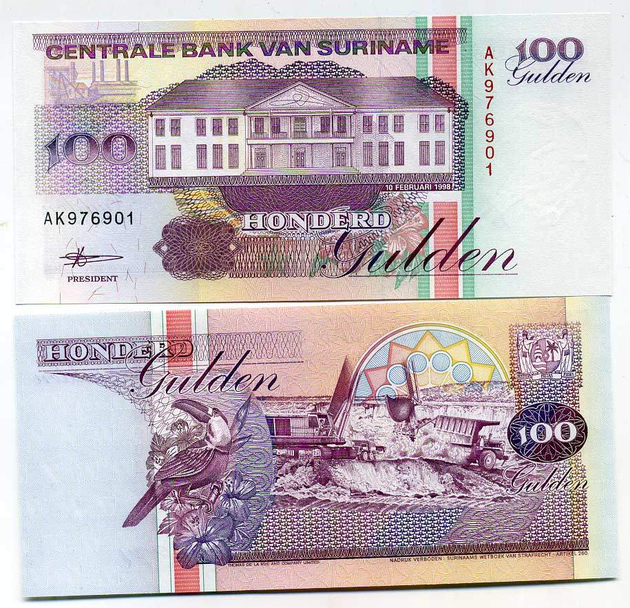 Суринам 100 гульденов 1998 здание Центрального банка, тукан, экскаватор, самосвал Pick 139b бумага UNC (пресс) 445-58-2