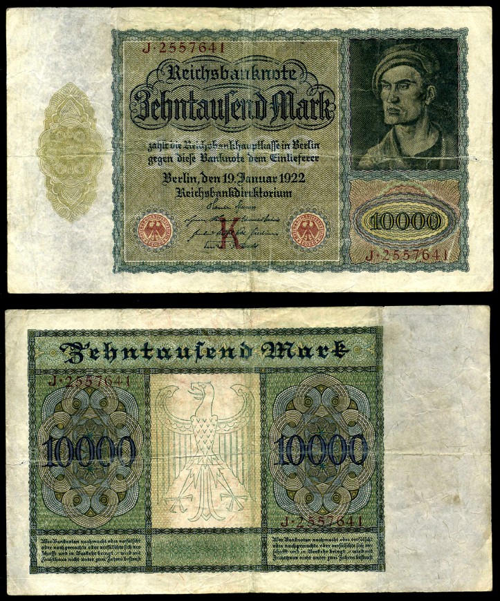 Германия 10000 марок 1922 Альбрехт Дюрер, серия J, литера K Pick 70, Розенберг 68а бумага 8618-43-1-2