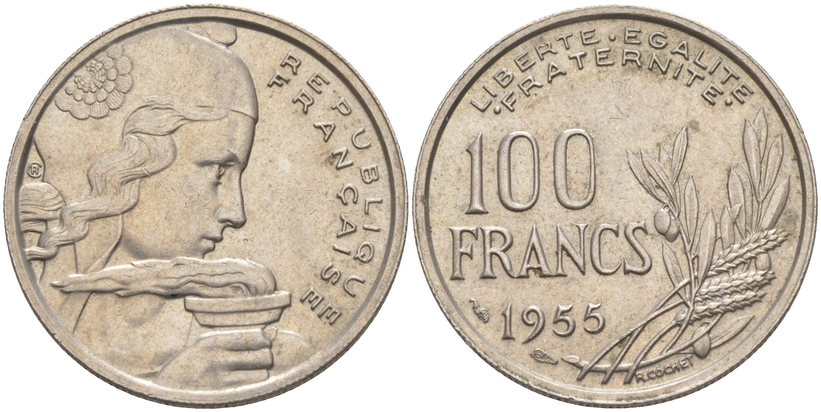 Франция 100 франков 1955 ТИП COCHET KM 919.1, Le Franc 450.4 медно-никель 4513-521