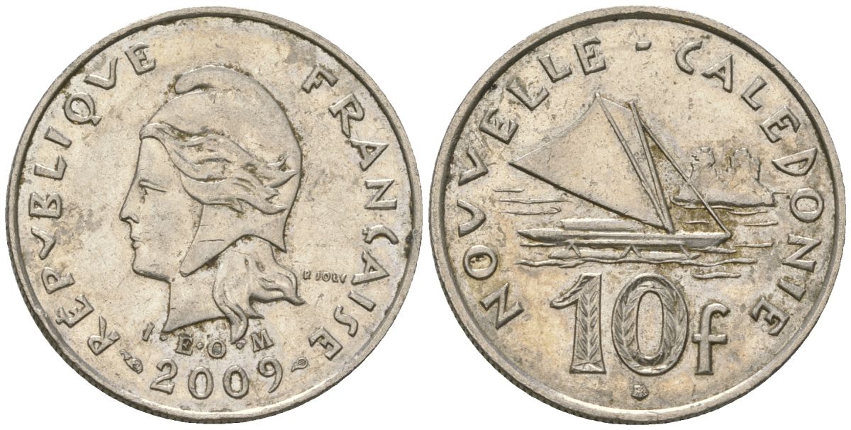 Французская Новая Каледония 10 франков 2009 рыбачья парусная лодка, (IEOM) KM 11a, Schoen 13a, Lec 99k медно-никель 60-1354