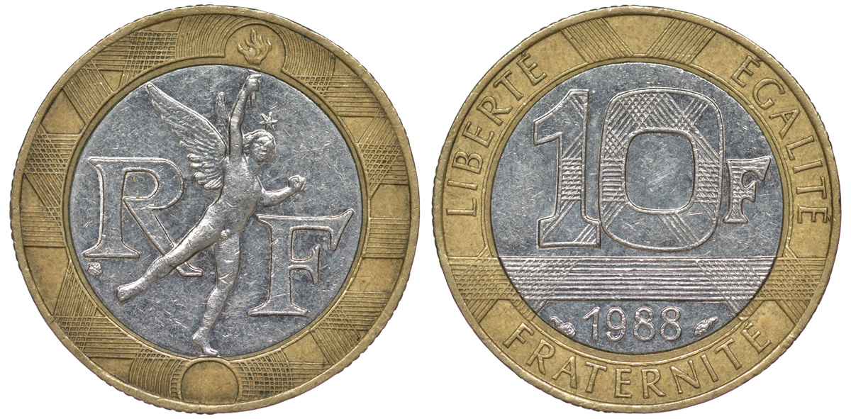 Франция 10 франков 1988 тип Гений Бастилии KM 964.1, Le Frank 375.2 биметалл 45-534