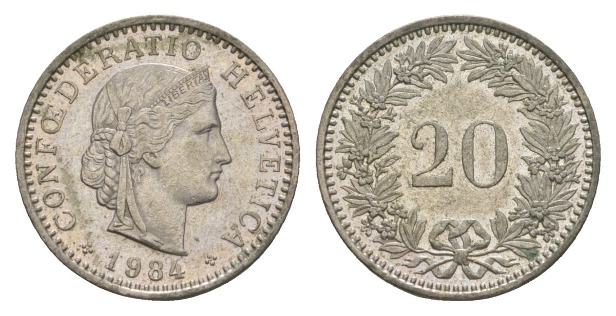 Швейцария 20 раппенов 1984 KM 29a медно-никель 4630-1025