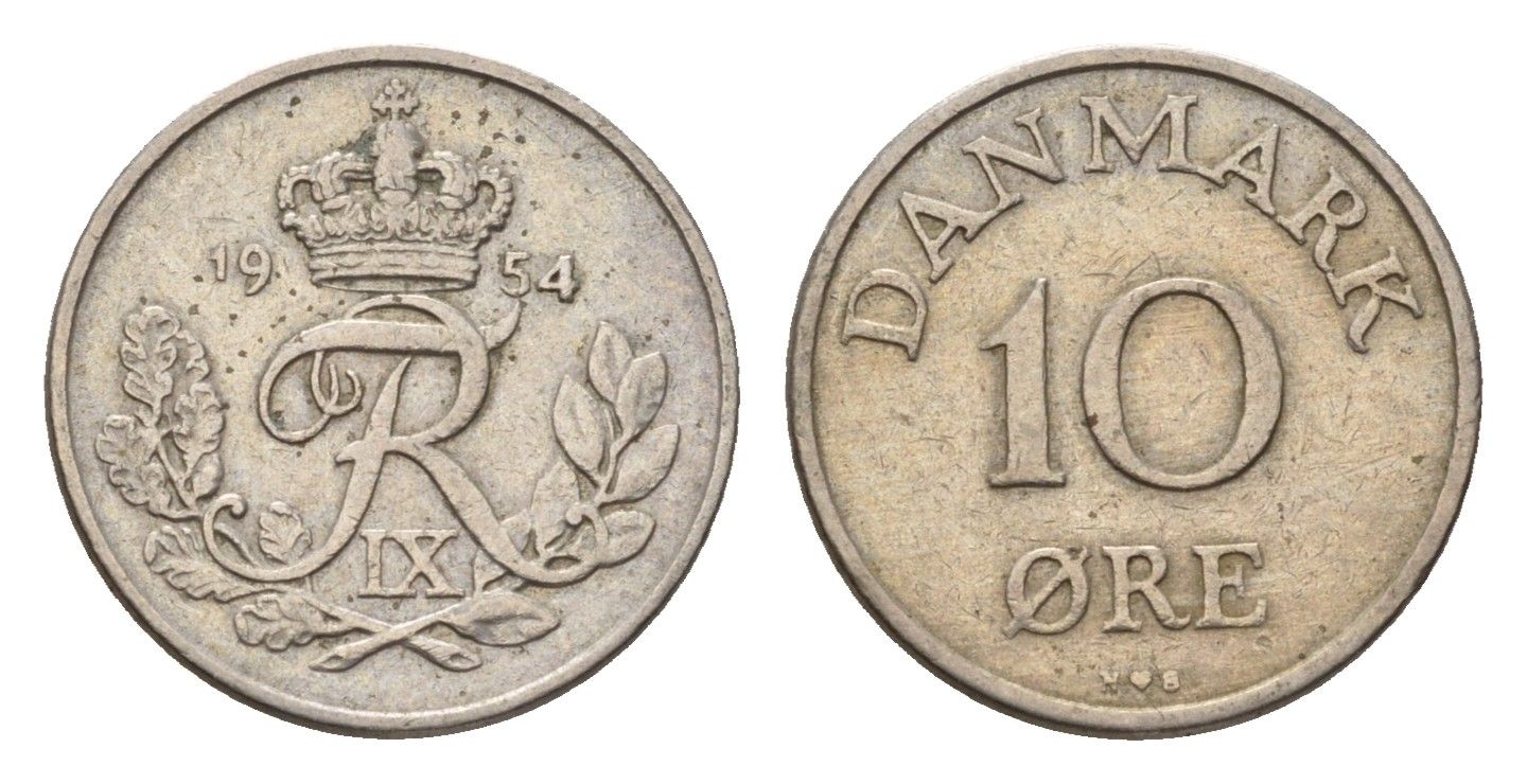 Дания 10 эре 1954 N; S, Фредерик IX (1947-1972) KM 841 медно-никель 4611-616