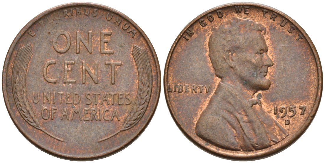 США 1 цент 1957 D, Линкольн KM А132 медь цинк 4564-266