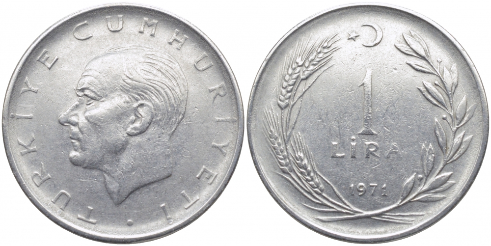Турция 1 лира 1971 Мустафа Кемаль Ататюрк KM 889а.2 нержавеющая сталь 3856-842