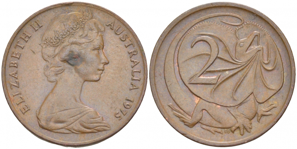 АВСТРАЛИЯ 2 ЦЕНТА 1975 ЕЛИЗАВЕТА II (1953-), ЕЛИЗАВЕТА II, МОЛОДОЙ ПОРТРЕТ, ПЛАЩЕНОСНАЯ ЯЩЕРИЦА (FRILLED LIZARD) KM 63 бронза 4519-444