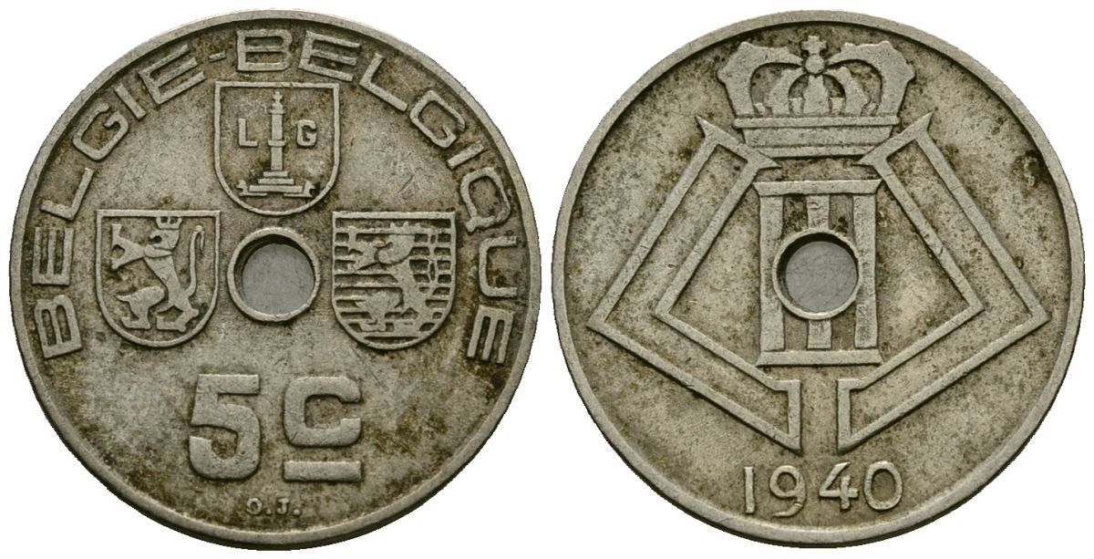 Бельгия 5 сантимов 1940 Belgie - Belgique KM 111 никель латунь 4173-637