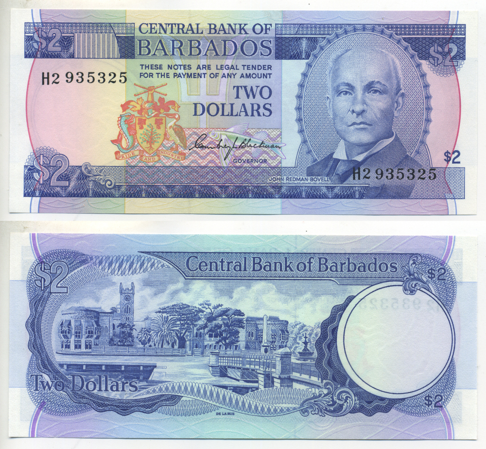 БАРБАДОС 2 ДОЛЛАРА 1980 ДЖОН РЕДМАН БОВЕЛ, ТРАФАЛЬГАРСКАЯ ПЛОЩАДЬ В БРИДЖТАУНЕ, TDLR, ПОДПИСЬ C. BLACKMAN Pick 30а бумага UNC (ПРЕСС) 7457-15-2