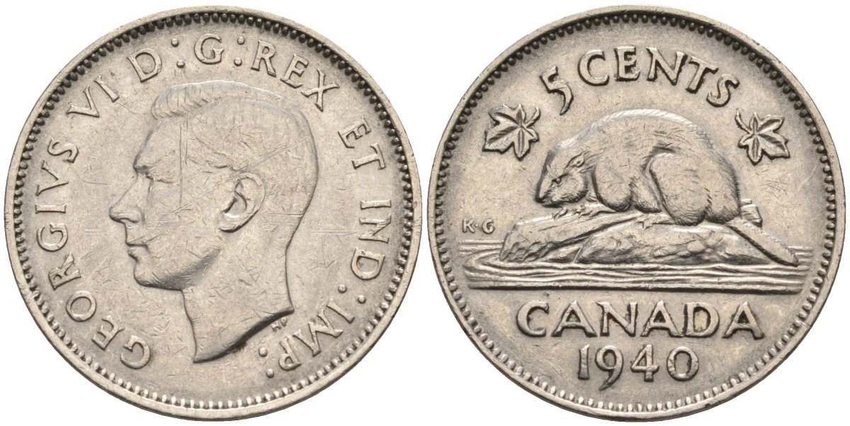 Канада 5 центов 1940 бобр, Георг VI (1937-1952) KM 33 никель 4586-417