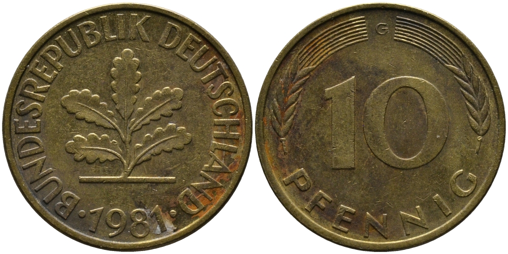 ФРГ 10 ПФЕННИГОВ 1981 G KM 108, J.383 сталь плакированная латунью 33-144