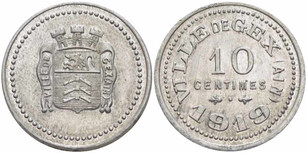 ФРАНЦИЯ 10 САНТИМОВ 1919 VILLE de GEX, ТОКЕН, ГОРОД ЖЕКС Elie 10.2 алюминий 24-741