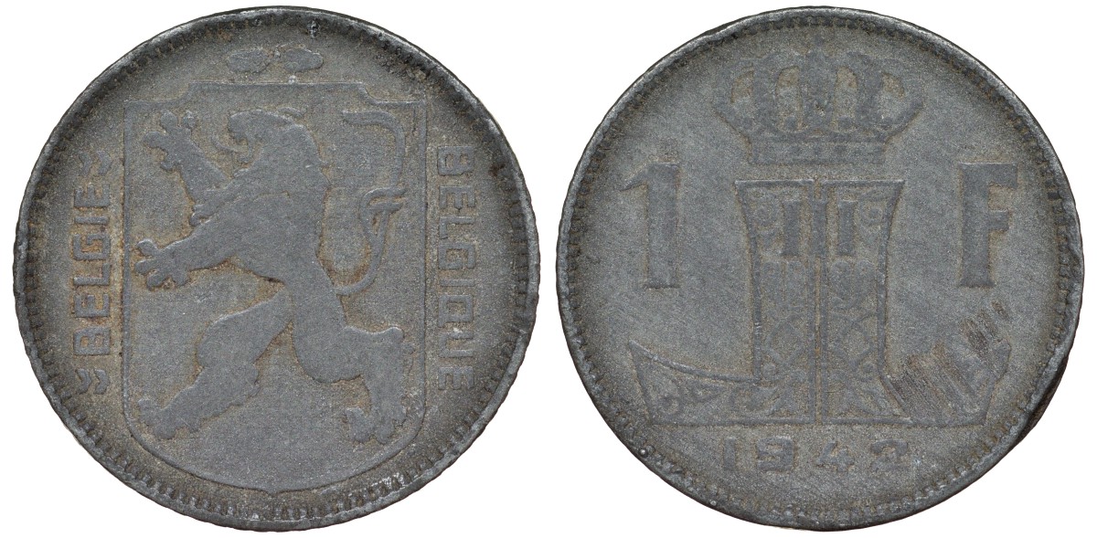 Бельгия 1 франк 1942 Леопольд III, Belgie-Belgique KM 128 цинк 4163-152