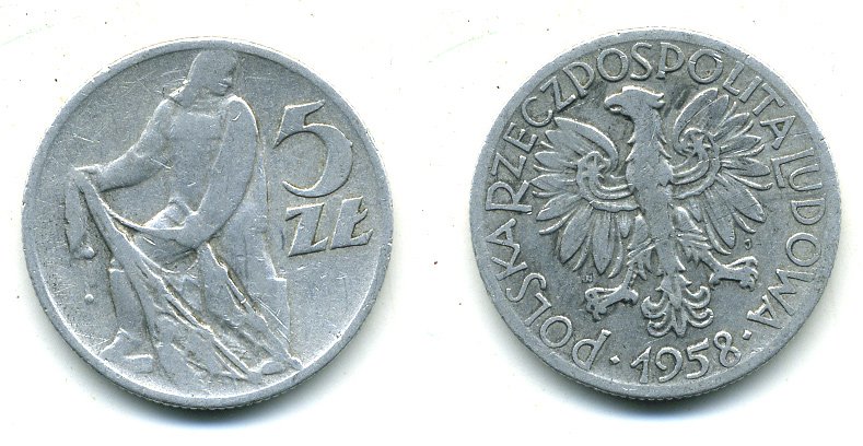 ПОЛЬША 5 ЗЛОТЫХ 1958 MW, РЫБАК KM 47 алюминий 59-141