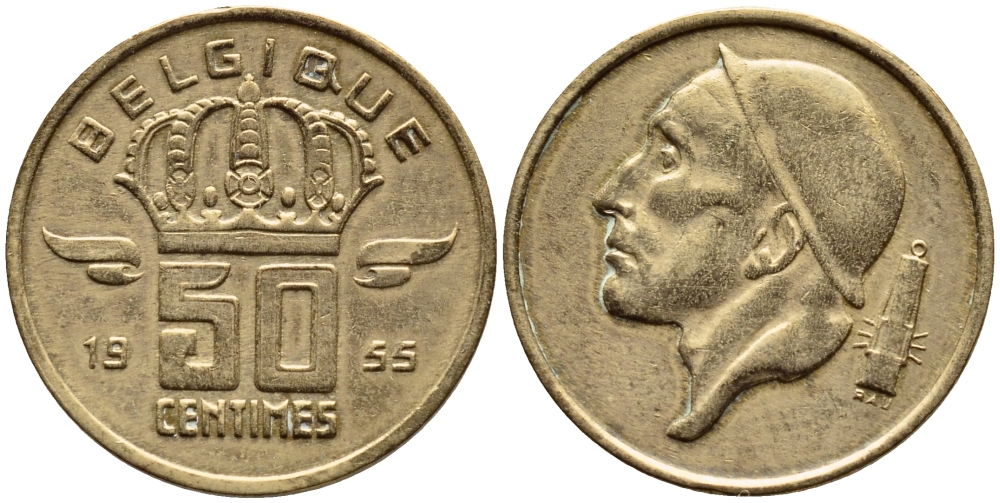 БЕЛЬГИЯ 50 САНТИМОВ 1955 BELGIQUE KM 144 бронза 4392-769
