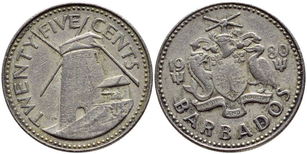 Барбадос 25 центов 1980 ветряная мельница Моргана Льюиса KM 13 медно-никель 4398-356