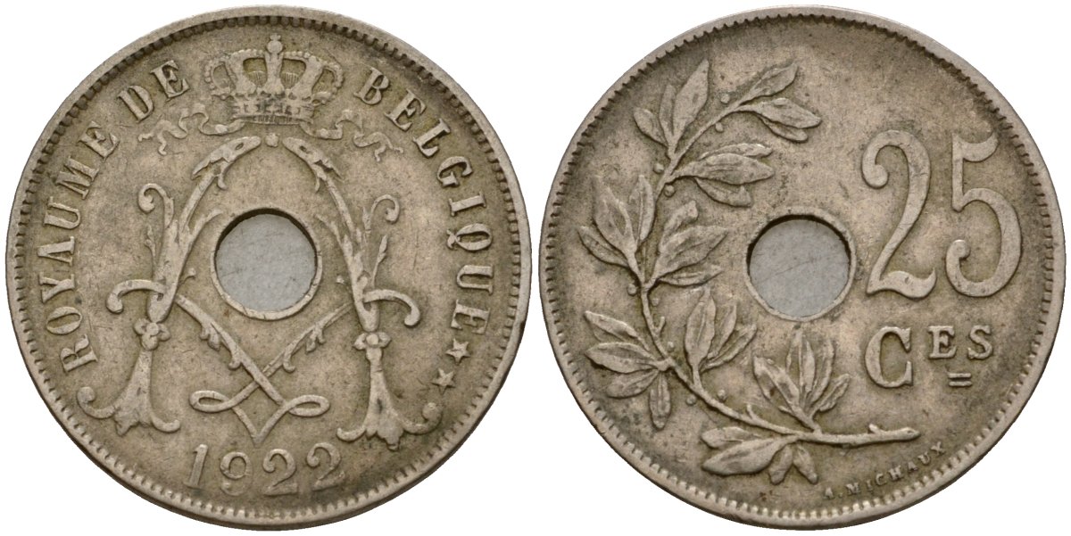 Бельгия 25 сантимов 1922 Belgique KM 68 медно-никель 28-845