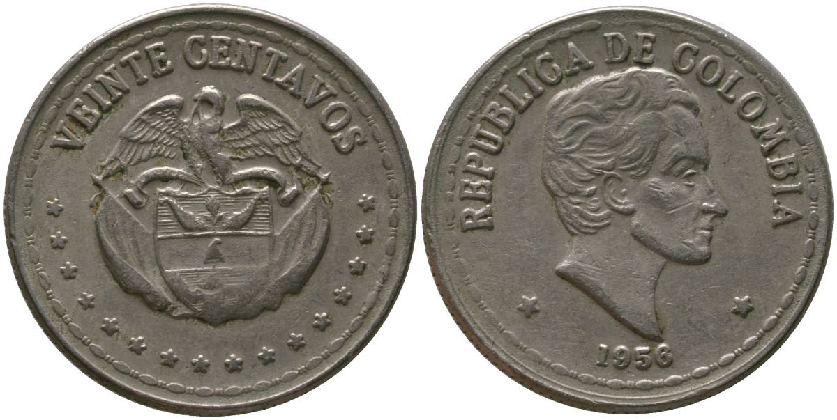 Колумбия 20 сентаво 1956 KM 215.1 медно-никель 4529-637