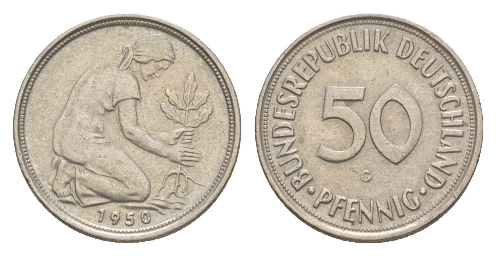 ФРГ 50 пфеннигов 1950 G KM 109.1, J. 384 медно-никель 4636-1014