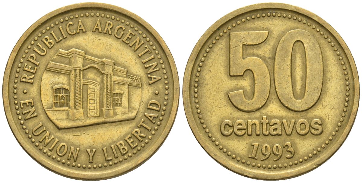 Аргентина 50 сентаво 1993 здание конгресса Тукумана, широкие буквы KM 111.2, CJ 5, Schon 112 алюминиевая бронза    60-446