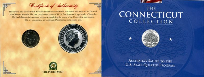 Австралия 1 доллар 1999 (серебро) с памятной маркировкой и США 25 центов 1999 штат Коннектикут в красочном буклете 4-5-1-2