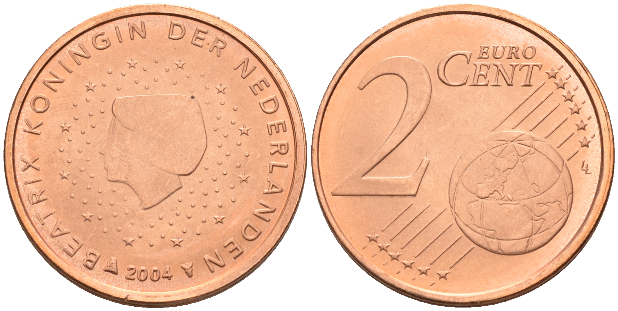 Нидерланды 2 евроцента 2004  КМ 235 сталь плакированная медью UNC   4160-1149