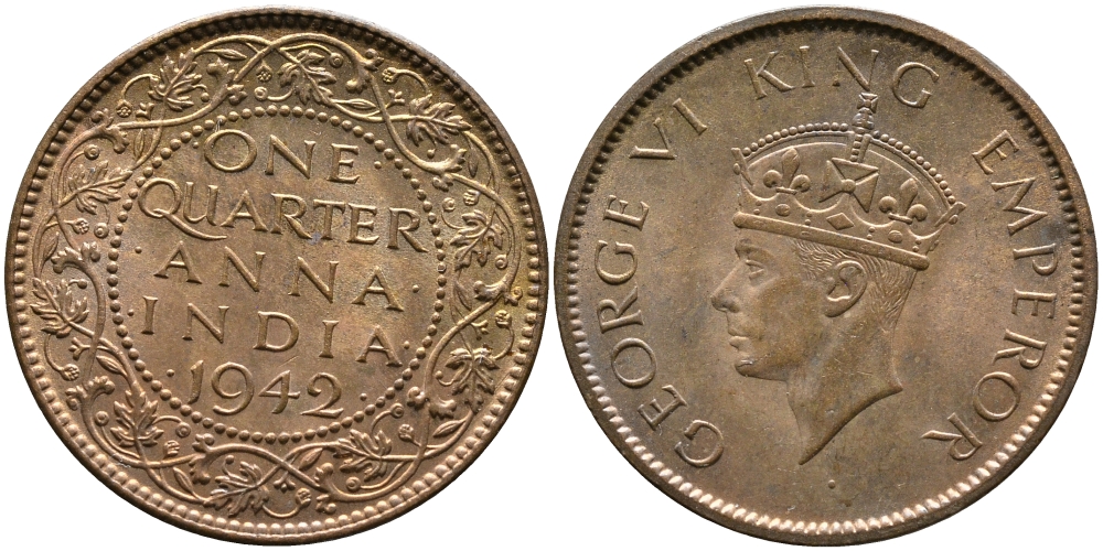 Британская Индия 1/4 анна 1942 Георг VI (1937-1952) KM 531 бронза aUNC 179-956