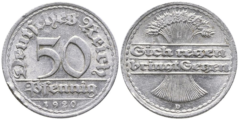 ГЕРМАНИЯ 50 ПФЕННИГОВ 1920 D KM 27, J. 301 алюминий 24-935