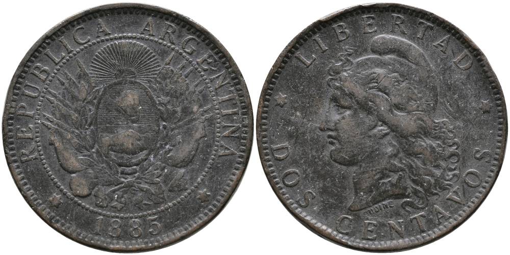 Аргентина 2 сентаво 1885 голова свободы влево KM 8 бронза 4531-531