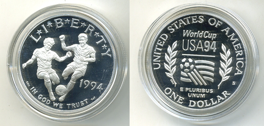 США 1 доллар 1994 S, Чемпионат мира по футболу 1994, в оригинальной коробке, сертификат KM 247 серебро PROOF 5-2-1
