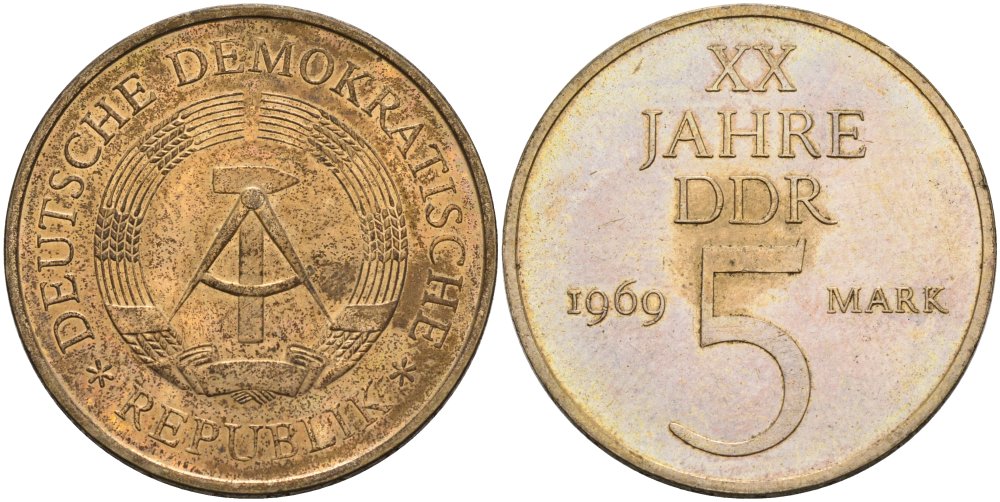 ГДР 5 марок 1969 А, 20 лет ГДР KM 22.1, J. 1524 никель бронза аUNC 4574-626