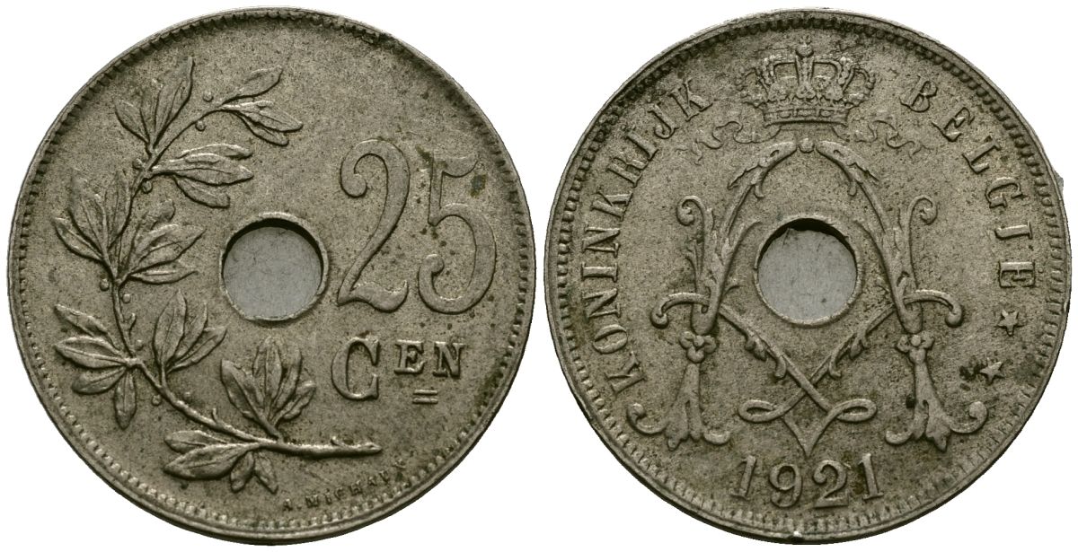 Бельгия 25 сантимов 1921 Belgie KM 69 медно-никель 4165-814
