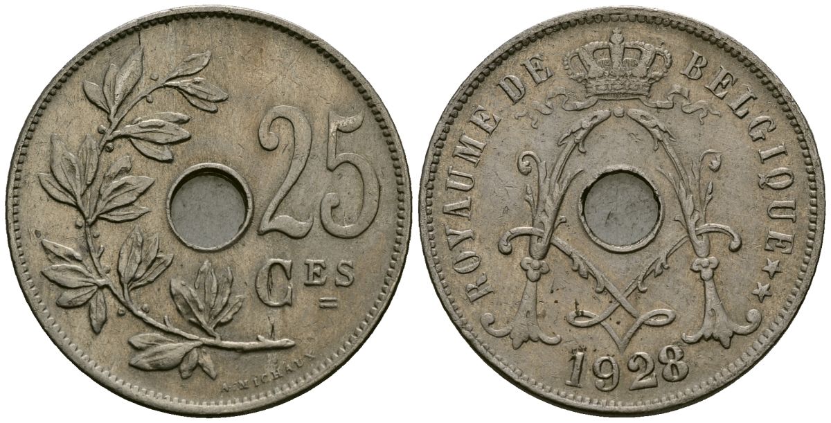 Бельгия 25 сантимов 1928 Belgique KM 68 медно-никель 4165-545
