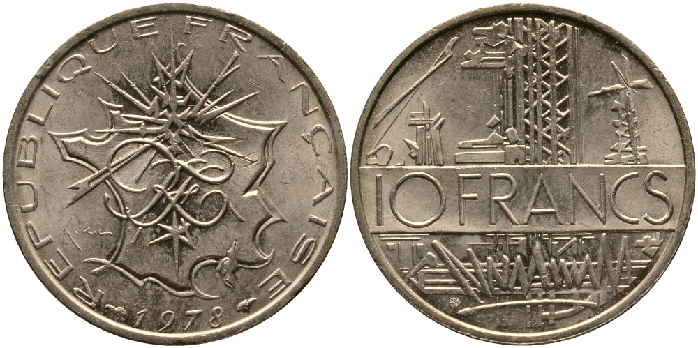 Франция 10 франков 1979 тип Матье KM 940, Le Franc 365.13-14 никель латунь 98-712