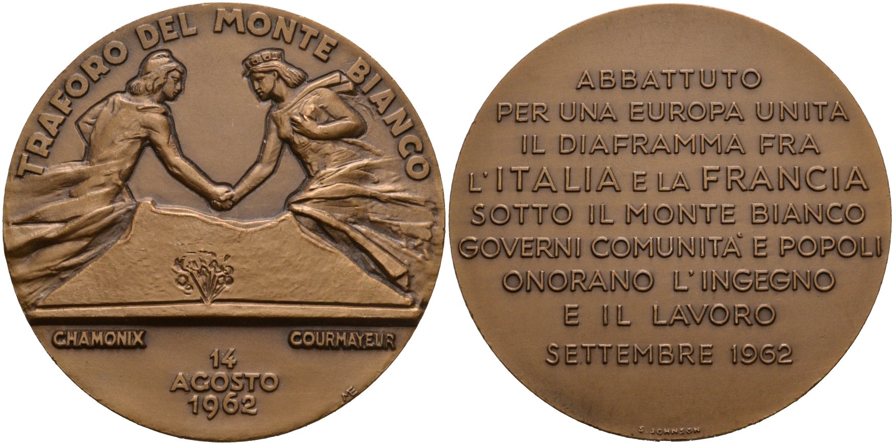 Франция медаль 1962 на открытие 14 августа 1962 года Монбланского туннеля Шумани-Курбайор (Франция-Италия), диаметр 60 мм. томпак 1072-2-23