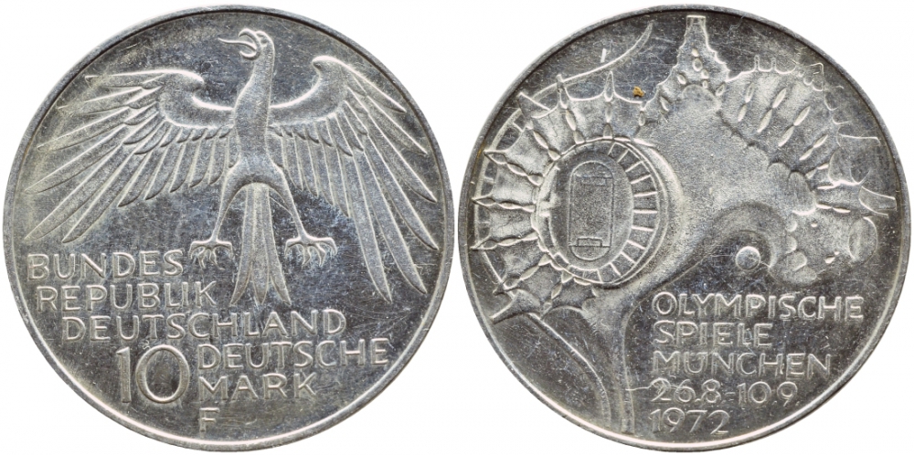 ФРГ 10 МАРОК 1972 F, ОЛИМПИАДА, СТАДИОН KM 133, J.404 серебро UNC 1520-1445