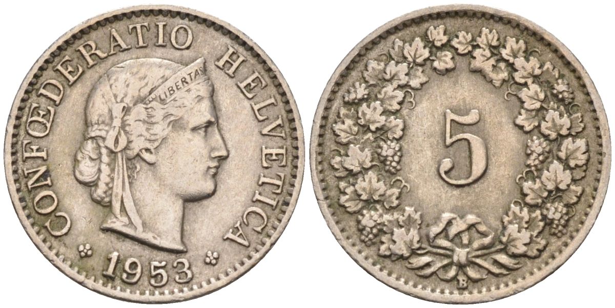 Швейцария 5 раппенов 1953 В KM 26 медно-никель 4594-616