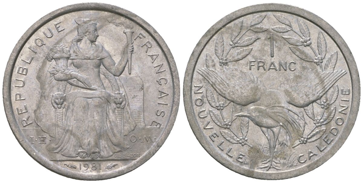Французская Новая Каледония 1 франк 1981 птица кагу, (IEOM) KM 10, Schoen 10, Lec 44 алюминий    51-1855