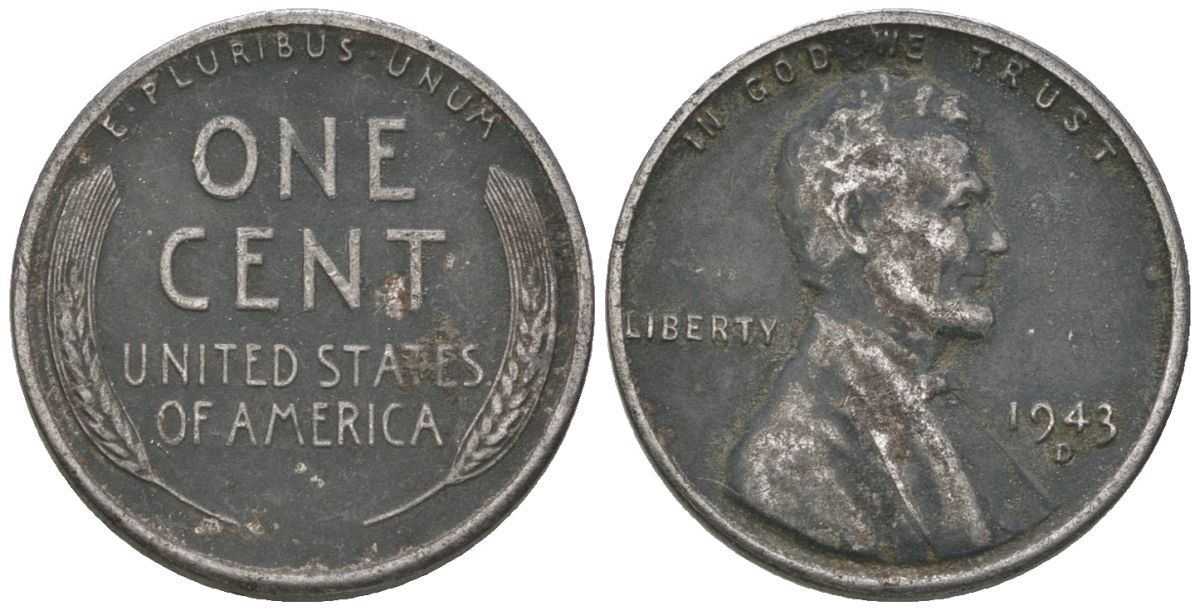 США 1 цент 1943 D, Авраам Линкольн KM 132 a сталь покрытая цинком 214-229